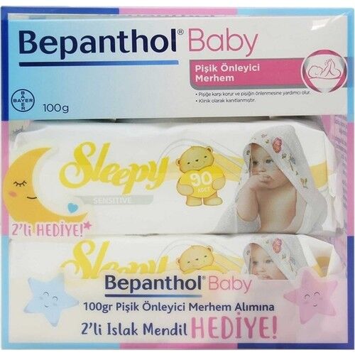 Bepanthol Baby Diaper Rash Prevention Ointment 100g + 2 Packs of Sleepy Sensitive Wet Wipes 90 Pieces Gift