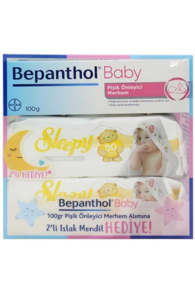 Bepanthol Baby Diaper Rash Prevention Ointment 100g + 2 Packs of Sleepy Sensitive Wet Wipes 90 Pieces Gift