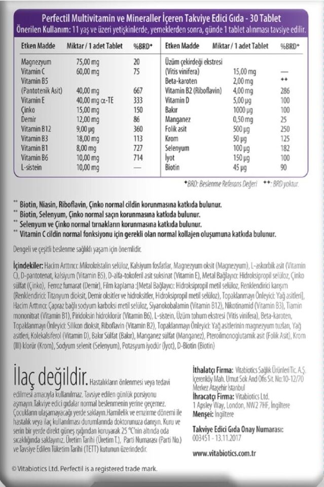 Perfectil Saç Tırmak ve Cilt için 30 Tablet