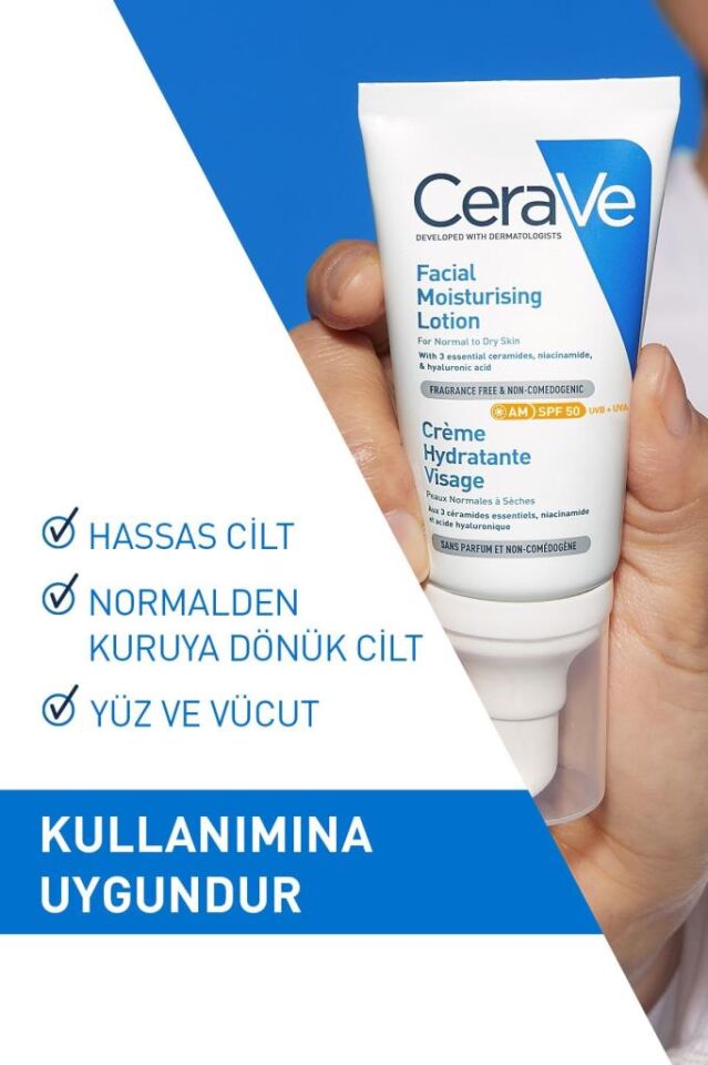 Cerave Yüz Nemlendirici Krem Normal ve Kuruya Dönük Ciltler İçin SPF50 52 ml