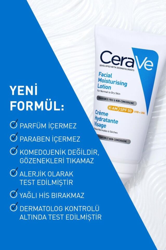 Cerave Yüz Nemlendirici Krem Normal ve Kuruya Dönük Ciltler İçin SPF50 52 ml