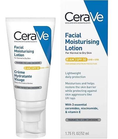 Cerave Yüz Nemlendirici Krem Normal ve Kuruya Dönük Ciltler İçin SPF50 52 ml